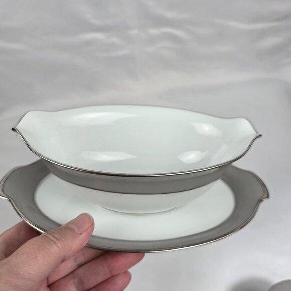Sango Plantina Gravy Boat with Underplate Gray Band Platinum Trim - Picture 13 of 16